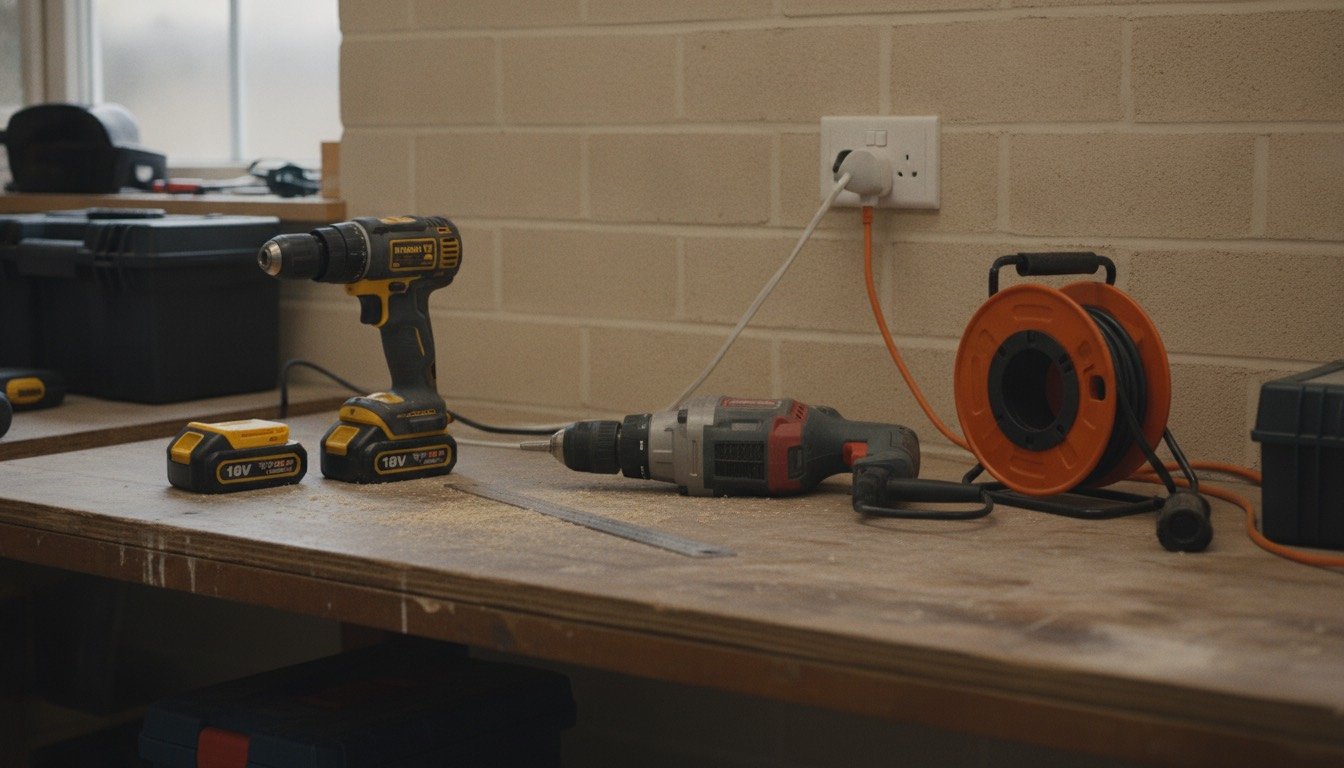An 18V cordless combi drill with two battery packs beside a corded hammer drill and a coiled extension reel on a workbench in a UK garage workshop