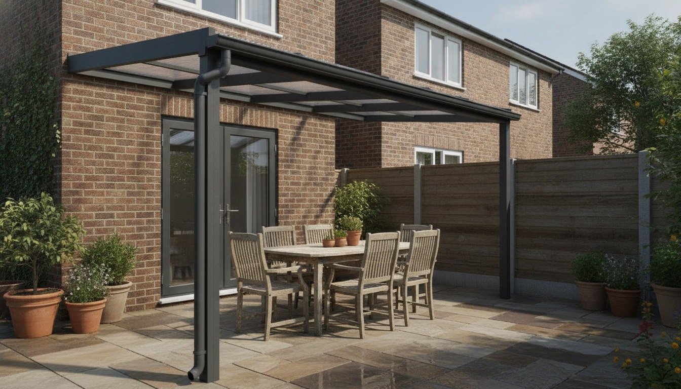 A lean-to aluminium veranda with clear polycarbonate roof over a paved patio and dining table at the back of a British brick house