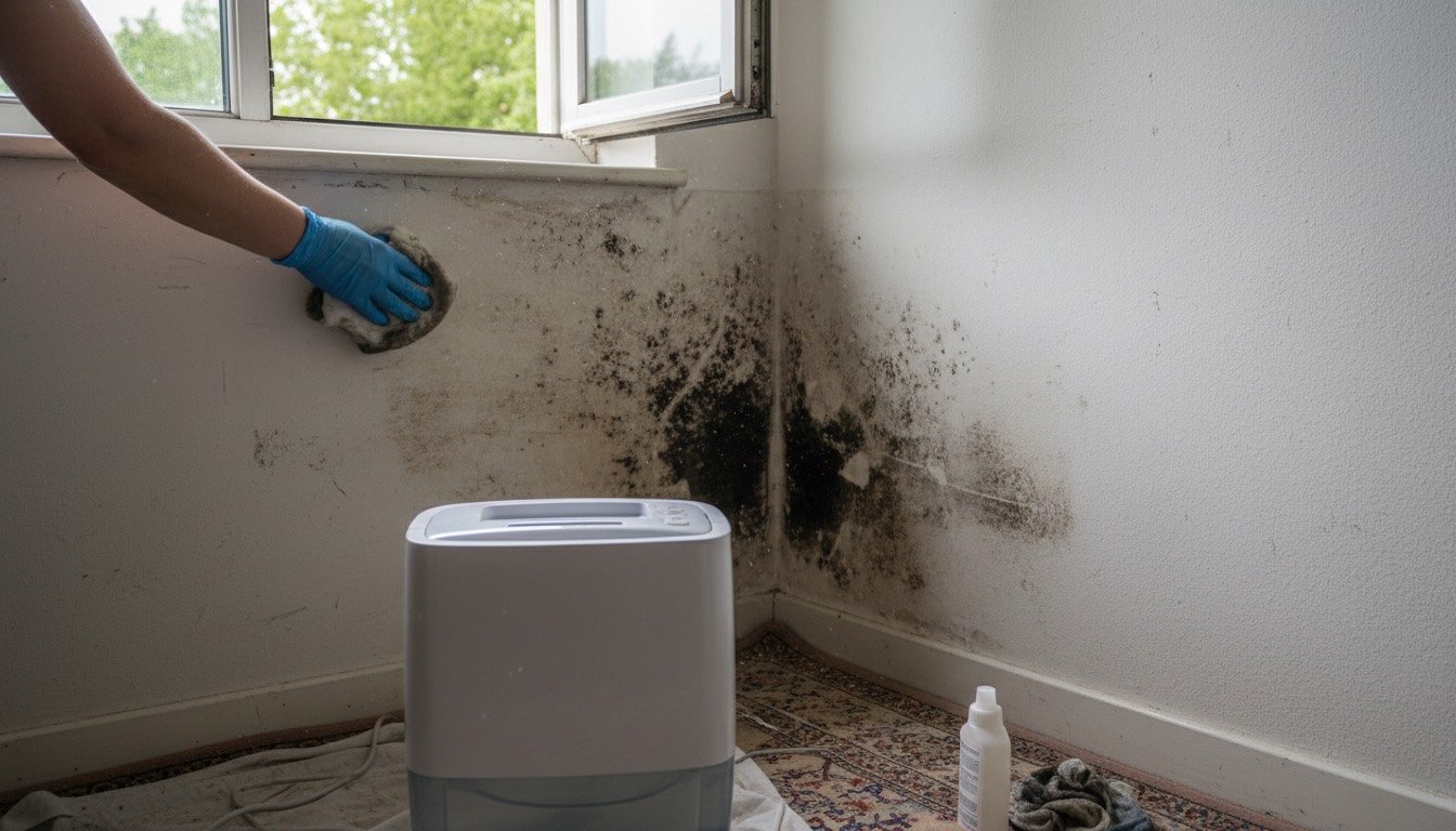 Photo of a UK bedroom window with condensation, a small patch of mould on the reveal and a dehumidifier beside the radiator