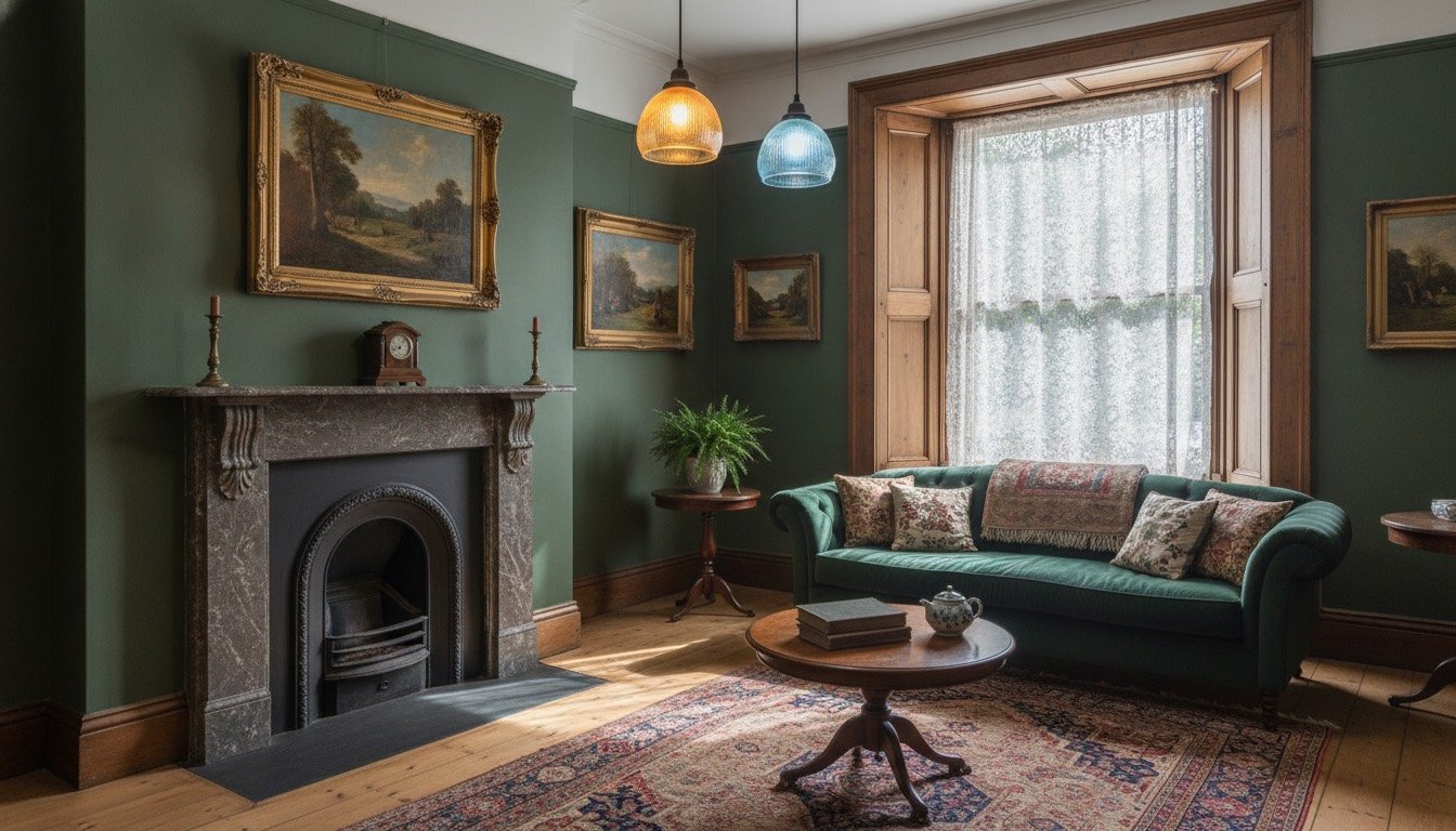 Two pendant lamps in a Victorian living room, one fitted with a warm white filament LED and one with a cool daylight bulb, beside a sash window