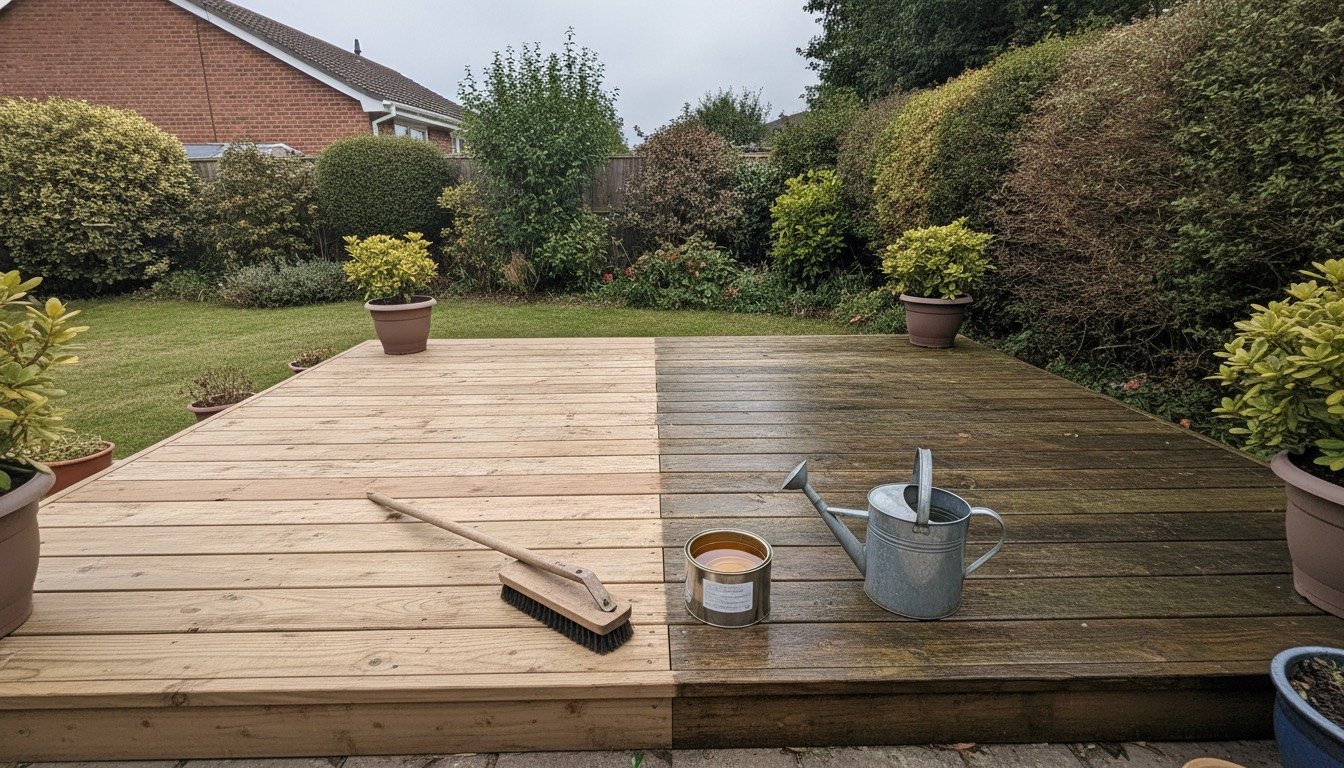 Pressure-treated softwood decking in a British garden, part-cleaned, with a stiff brush, watering can and tin of decking oil on the boards