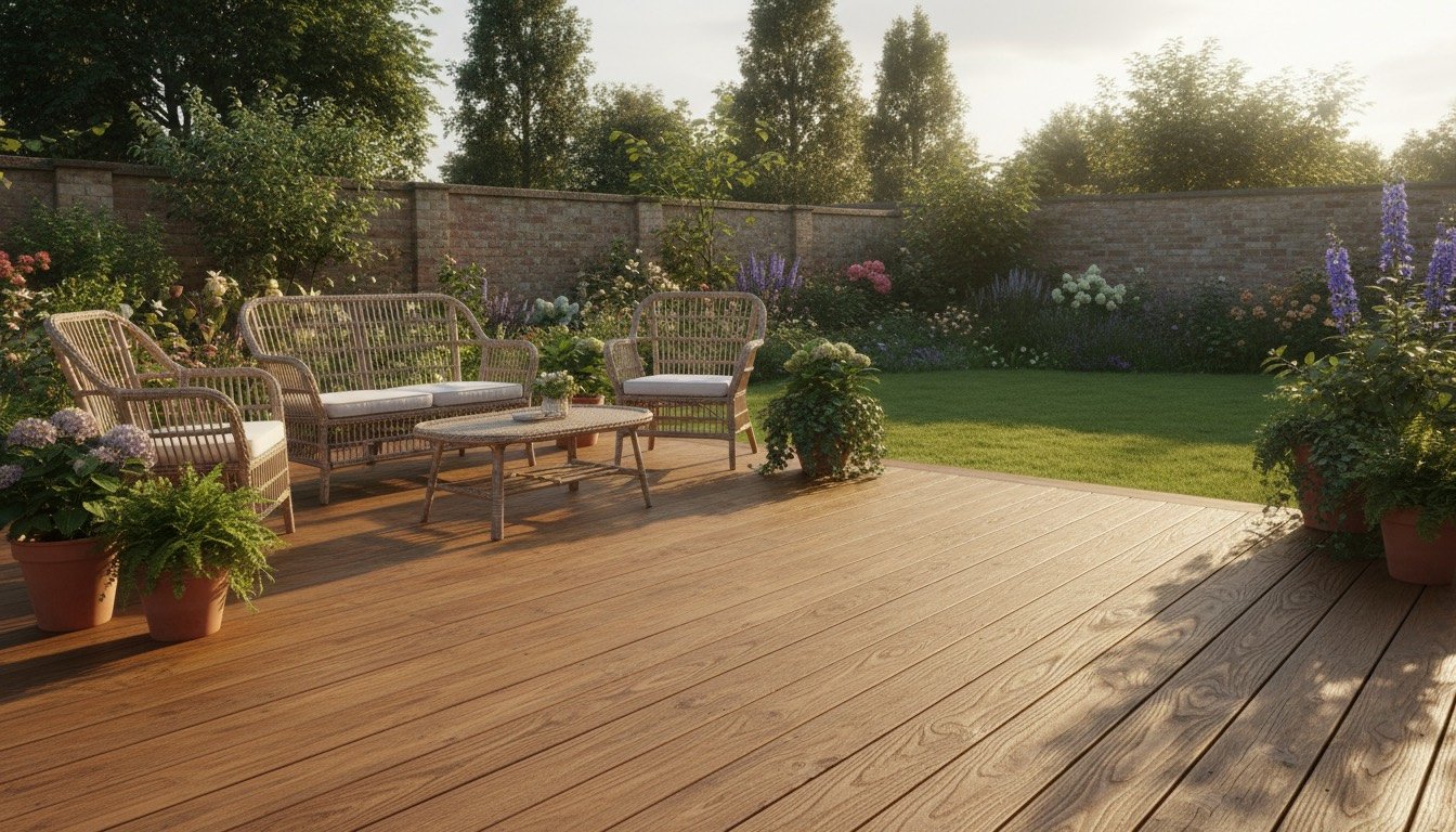 Freshly oiled timber decking glowing warm brown beside garden furniture