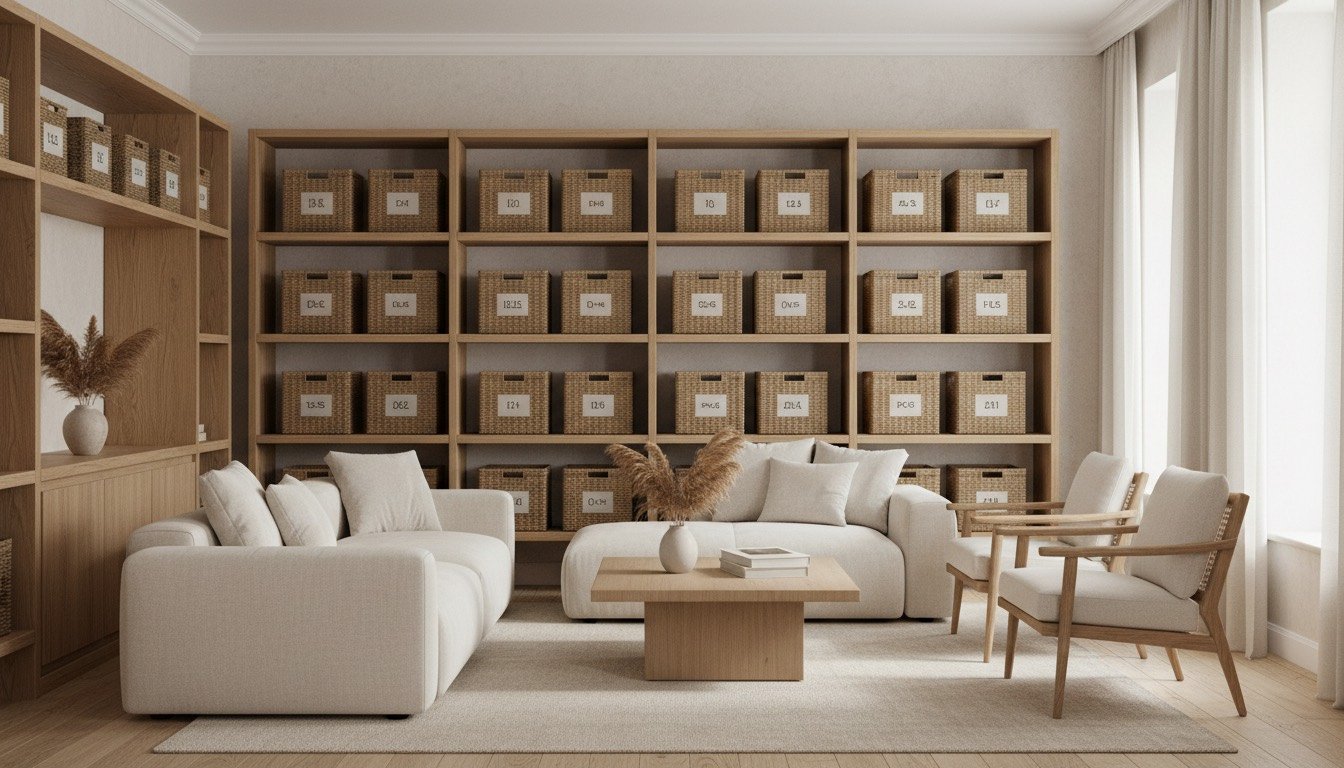 Calm, decluttered living room with labelled storage baskets on open shelving