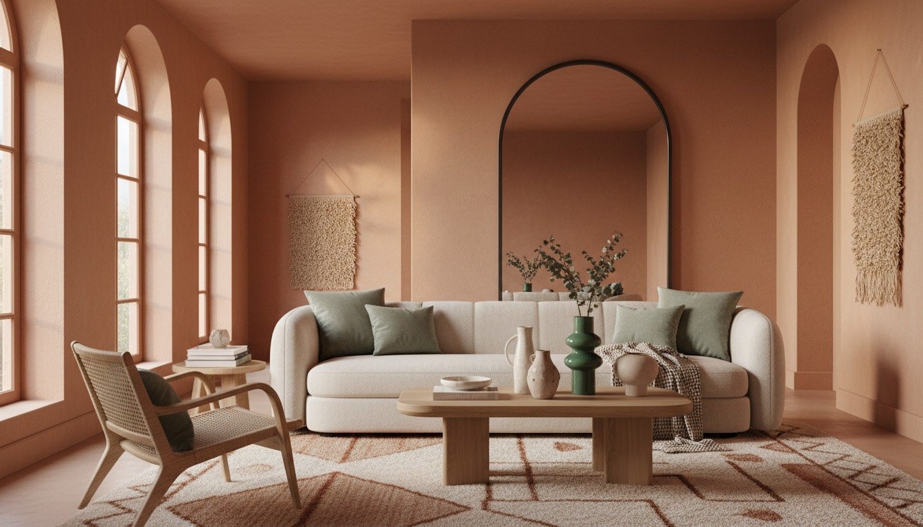 Warm terracotta living room with boucle armchair, wool rug and curved sofa