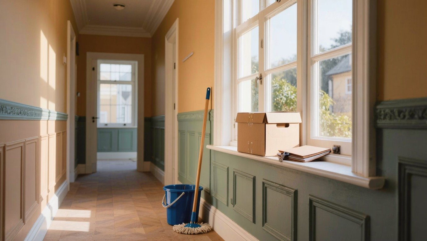 Rented flat hallway on moving day with a cardboard box, inventory folder and keys by a sash window, mop and bucket by the skirting board