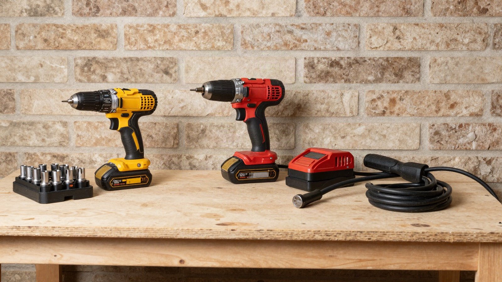 Cordless combi drill, impact driver and two battery packs on a charger on a plywood workbench in a UK garage