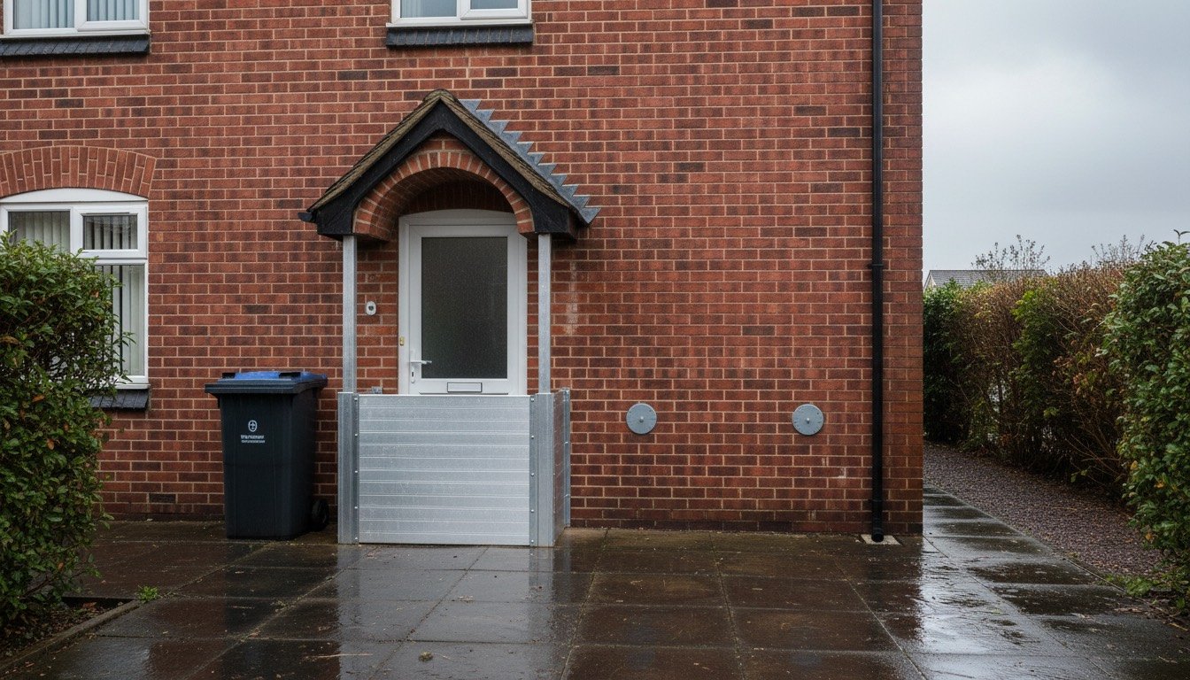 Red-brick UK semi-detached house with a demountable flood barrier fitted across the front door threshold and clean black guttering after heavy rain