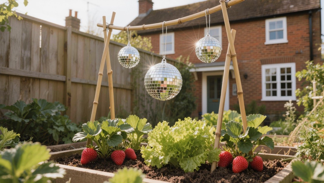 Mini mirrored disco balls hung from bamboo canes above a UK vegetable bed, scattering flecks of sunlight across lettuce and strawberry plants