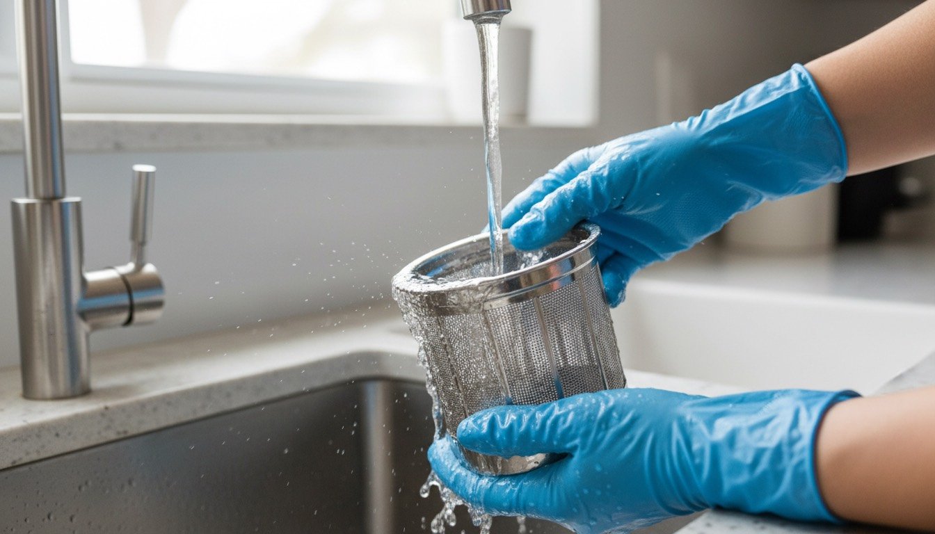 Dishwasher filter being rinsed sparkling clean under a kitchen tap
