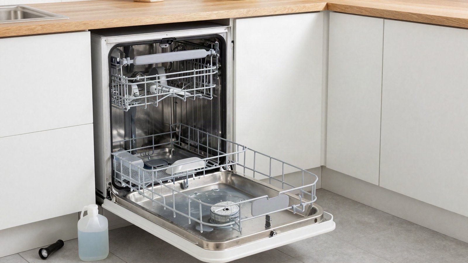 Open under-counter dishwasher in a UK kitchen with standing grey water pooled over the mesh filter in the base