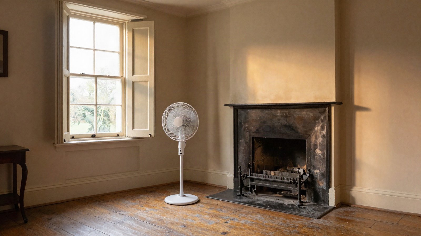Pedestal fan positioned at an open sash window in a Victorian terraced living room during a summer evening