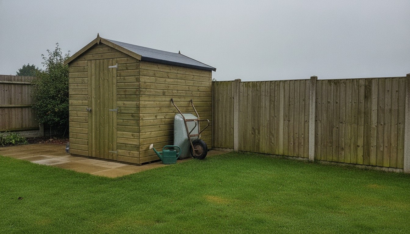 A timber garden shed with a felt apex roof standing on a paved base near a close-board fence in a British back garden