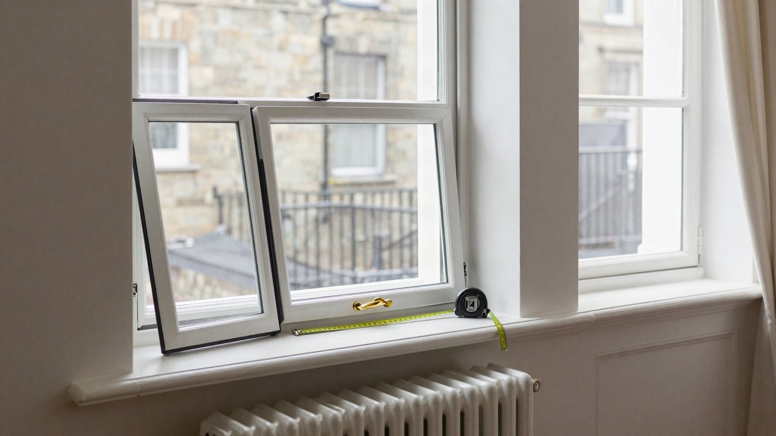 Cutaway sealed glazing units beside a white uPVC casement window in a UK living room, showing the difference between double and triple glazing