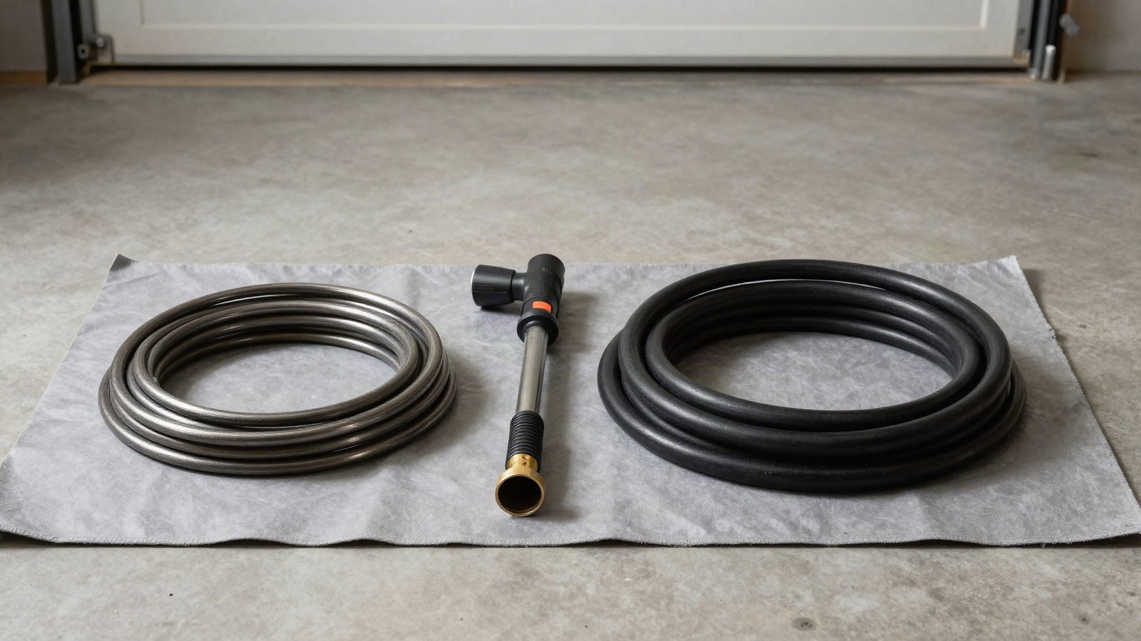 An open inspection chamber beside a Victorian terraced house with drain rods and a high-pressure jetting hose laid out on the paving