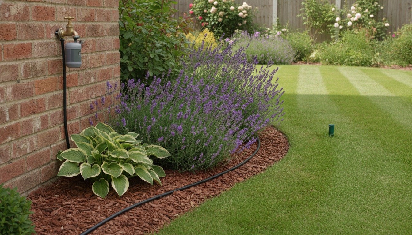 Black dripline running under bark mulch along a planted border in a British back garden, with a battery tap timer on a brick wall and a pop-up sprinkler on the lawn behind