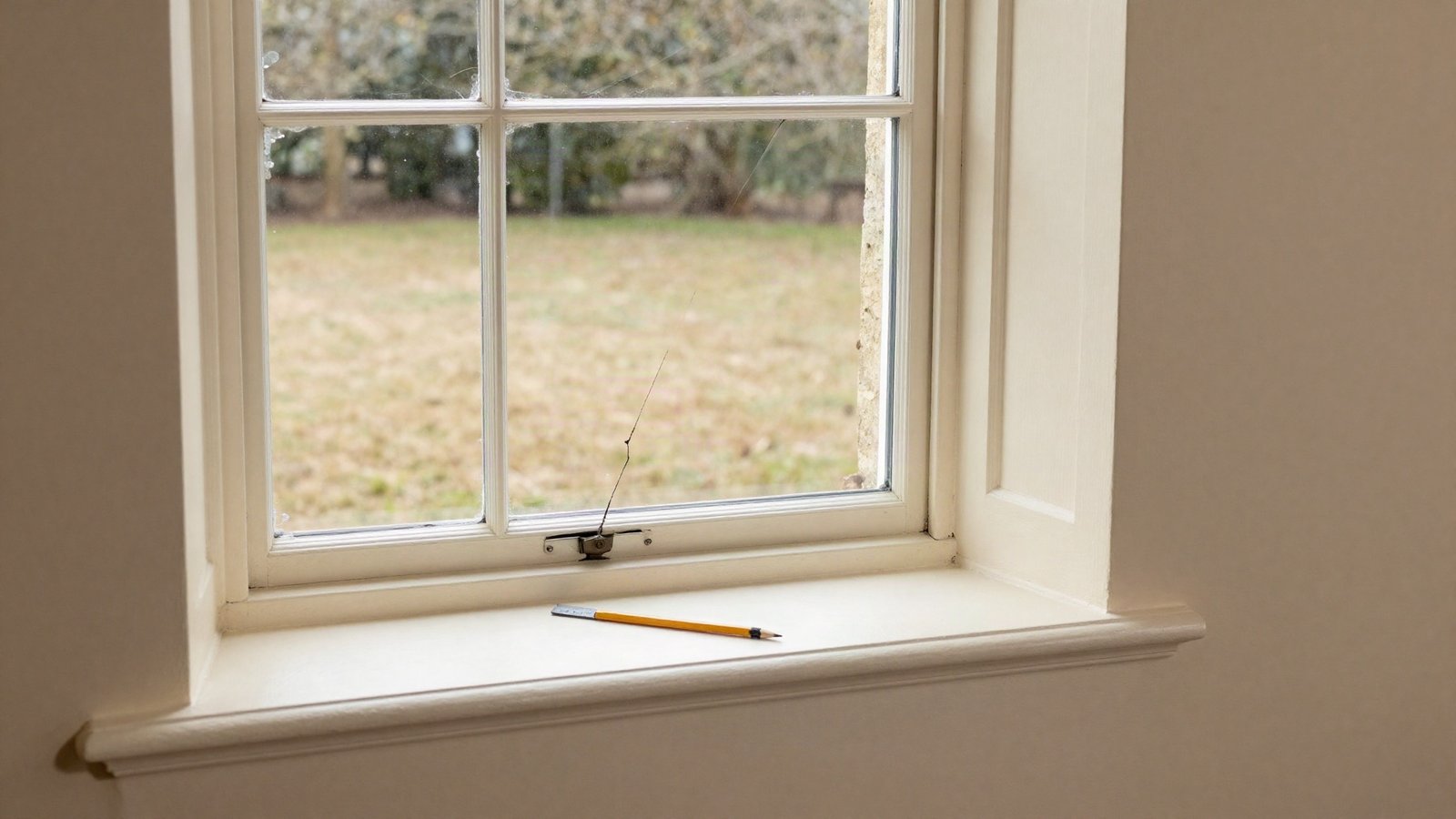 Diagonal crack in cream plaster above a sash window in a UK living room during a summer drought