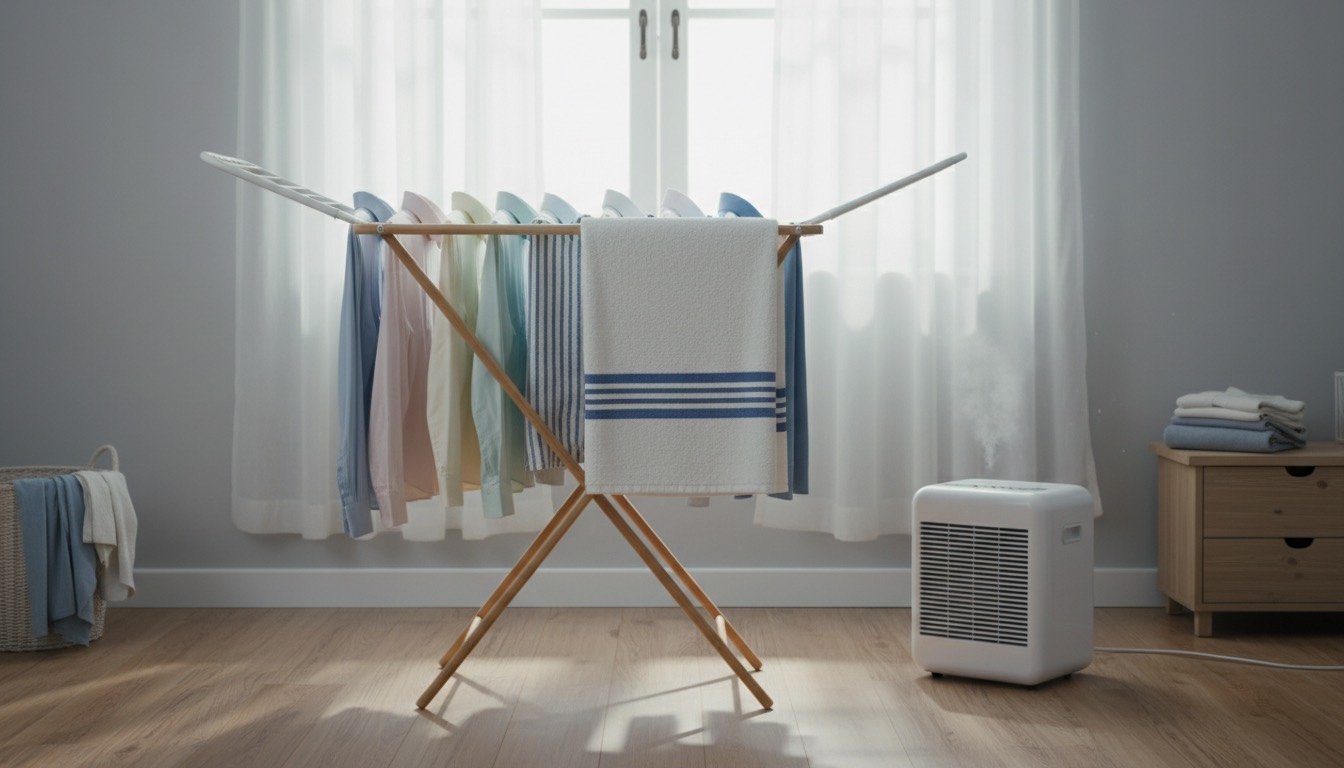Clothes airer with laundry beside a compact dehumidifier in a tidy spare room