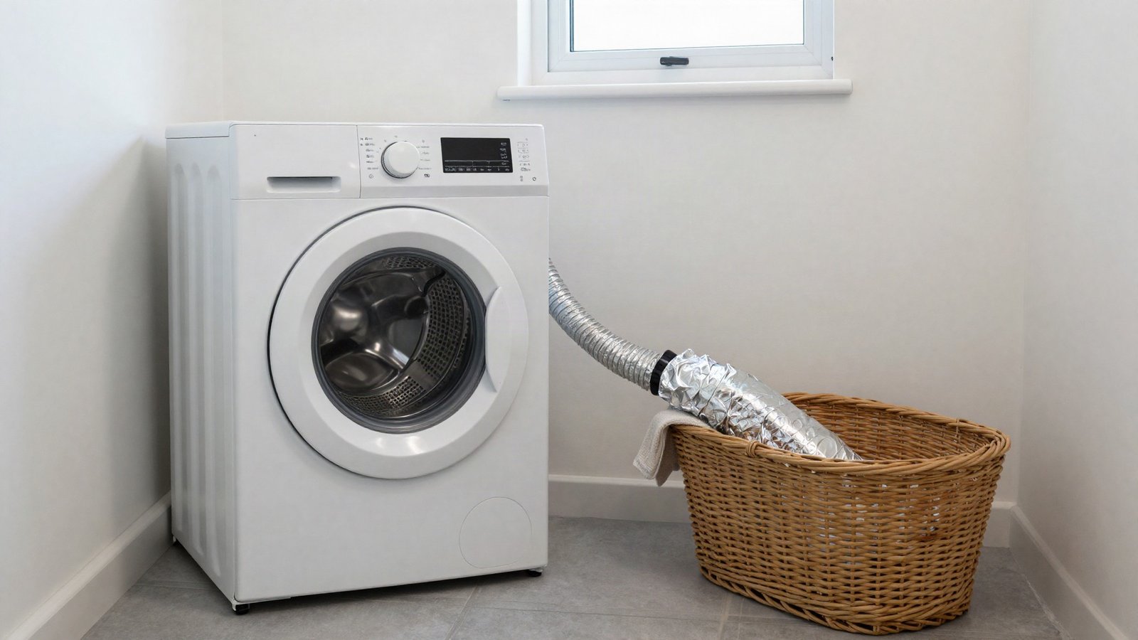 A white tumble dryer pulled forward from a UK utility room wall with its lint filter and crumpled foil vent hose removed for cleaning