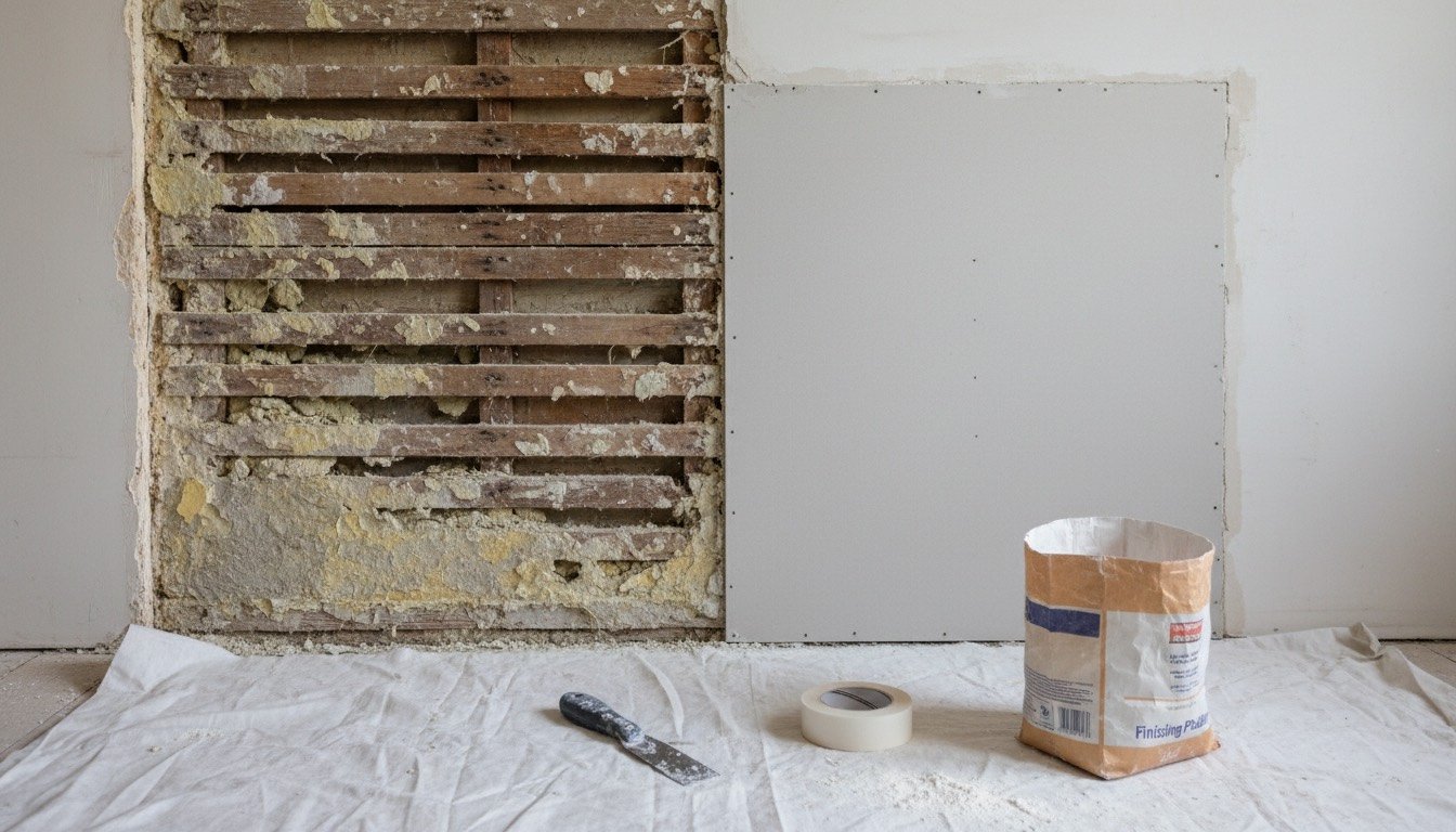 A patched section of wall in a Victorian terrace showing exposed timber lath behind crumbling lime plaster beside a modern plasterboard repair