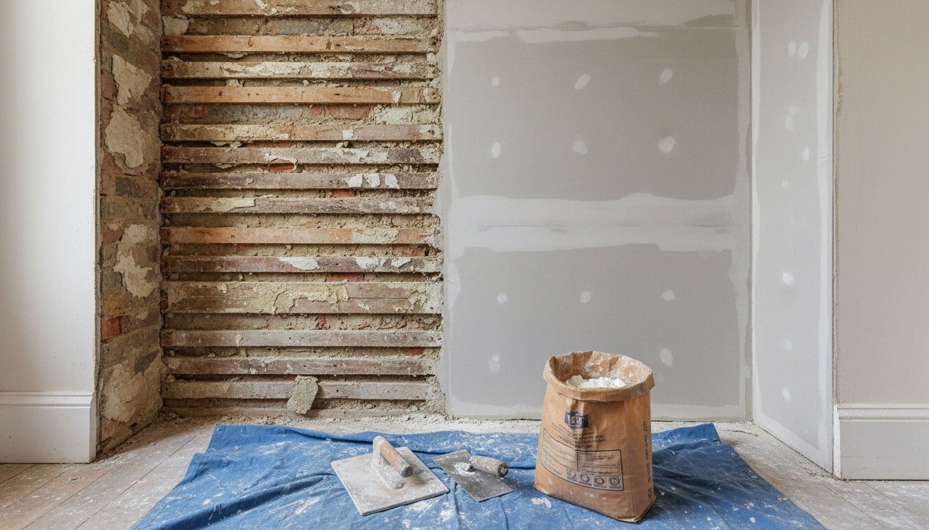 A partly stripped UK living room wall showing plasterboard on timber studs beside a section of old lath and plaster