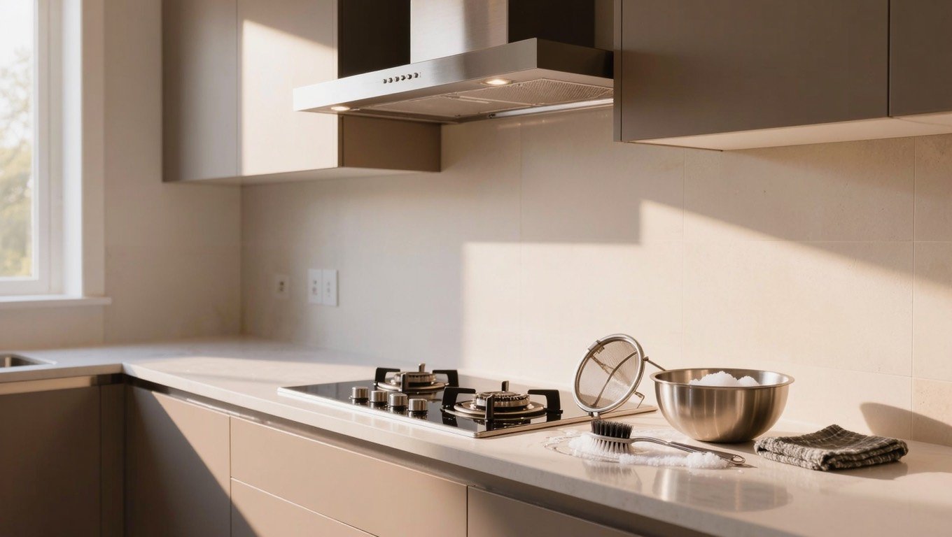 Stainless steel cooker hood in a UK kitchen with its mesh grease filter removed and resting on the worktop for cleaning