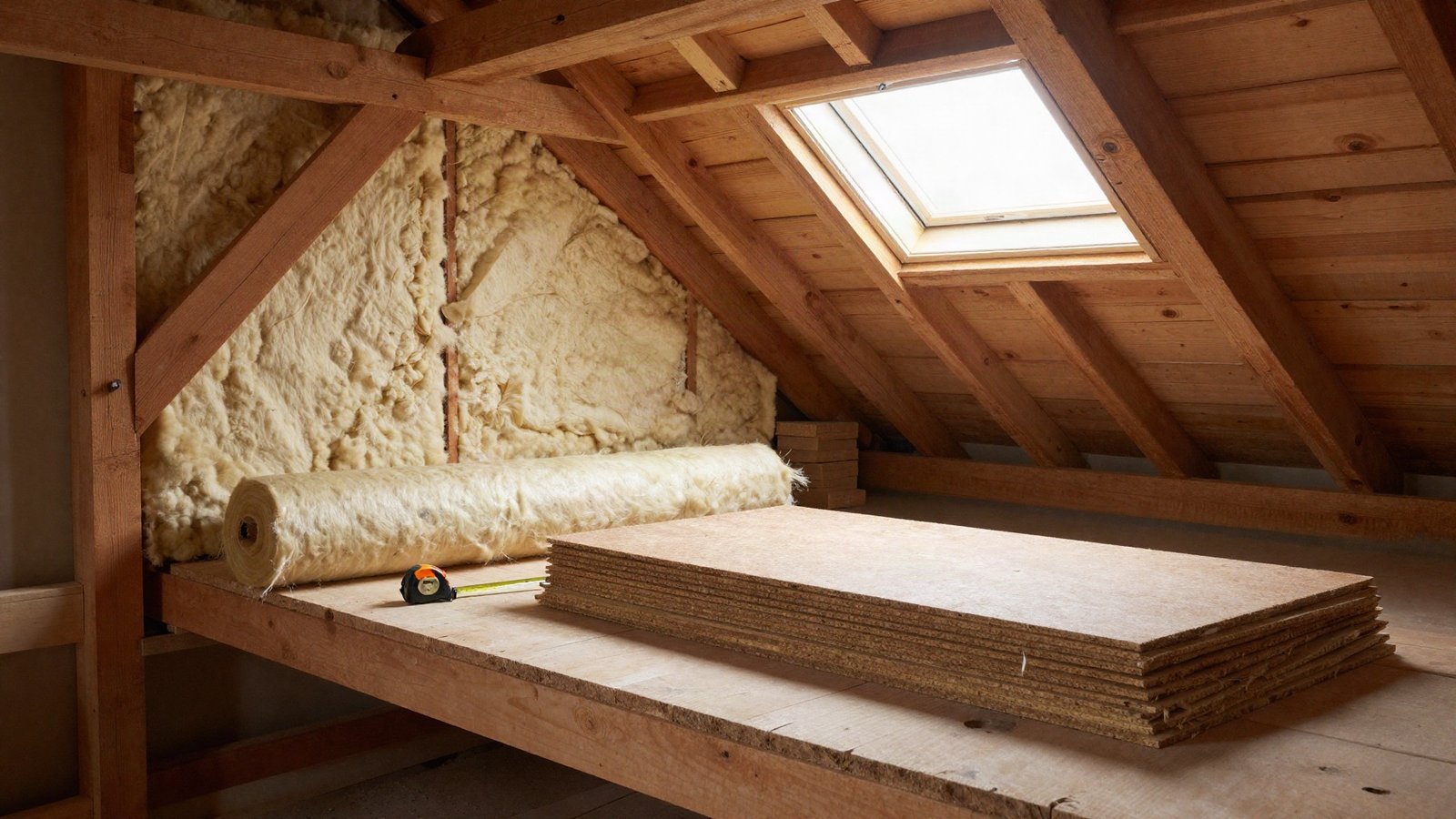 A UK loft with exposed timber joists, natural sheep's wool batts part-laid between them and rigid wood fibre boards stacked on the boarded walkway