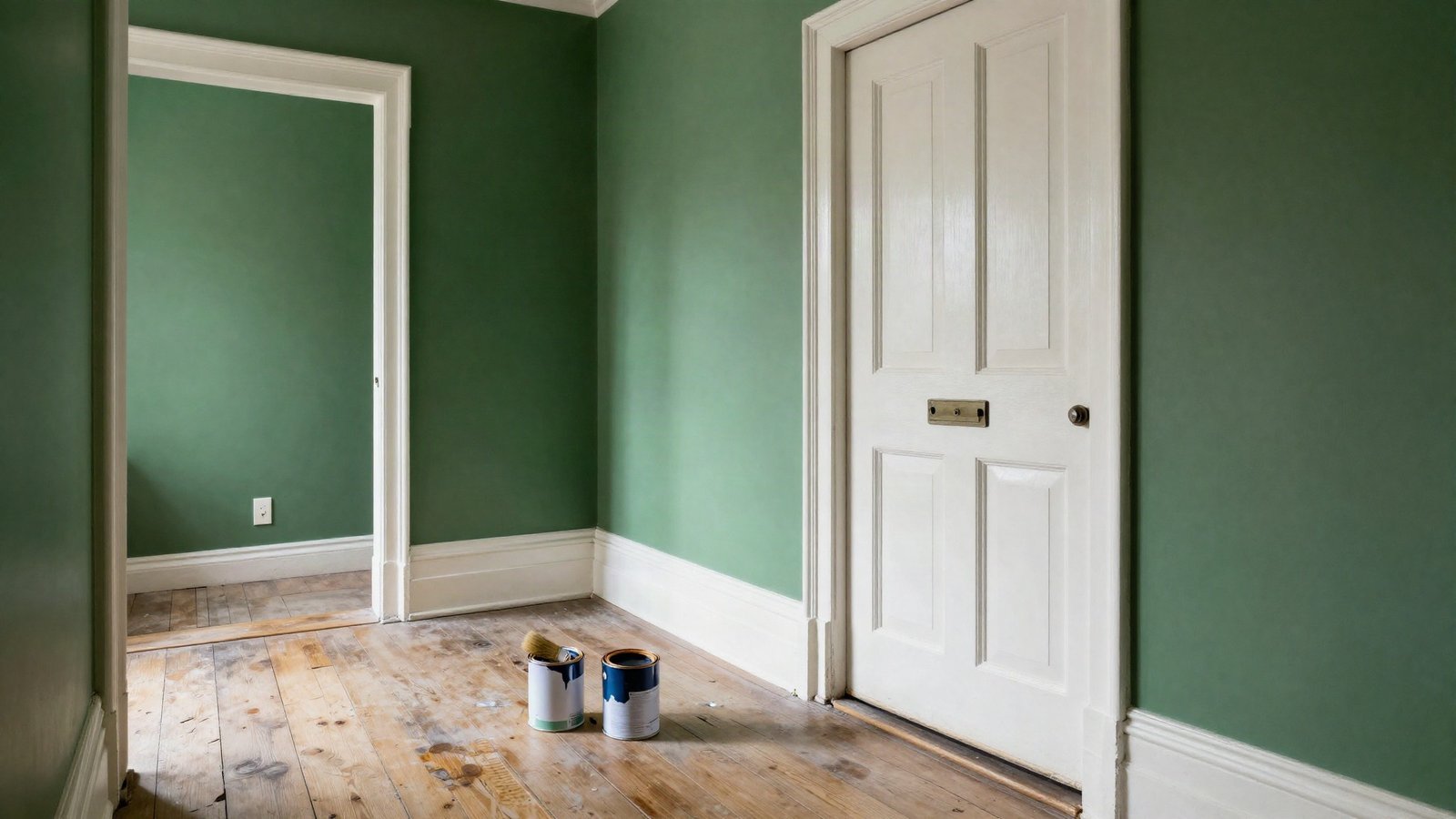 A hallway with deep green eggshell walls, white satinwood skirting and a panelled door, with open paint tins and a brush on a dust sheet