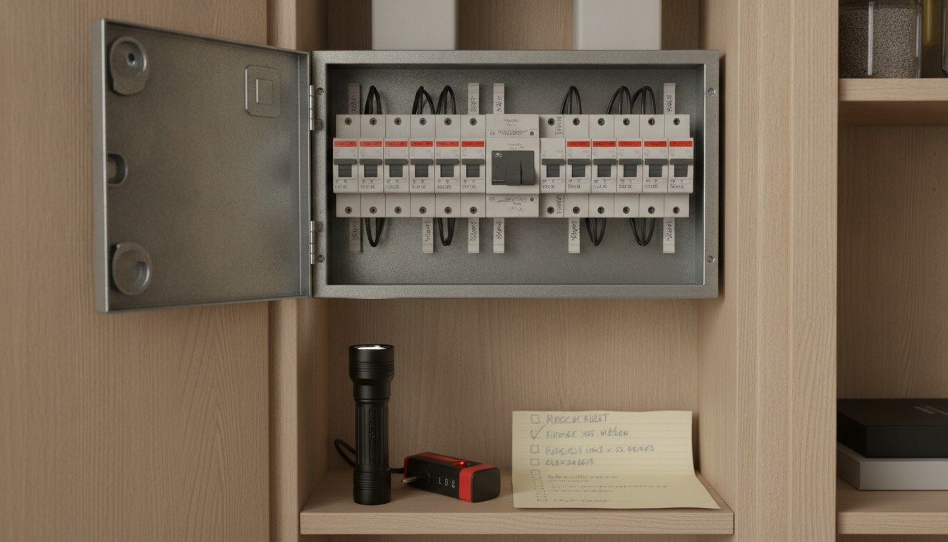Open metal consumer unit in a UK hallway cupboard with labelled RCBOs, a torch and a handwritten checklist on the shelf below