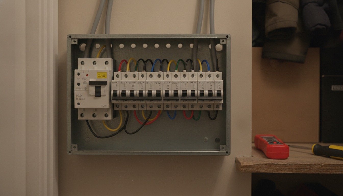 An open domestic consumer unit in a UK hallway cupboard with labelled MCBs, a 30mA RCD and grey twin-and-earth cables entering from above