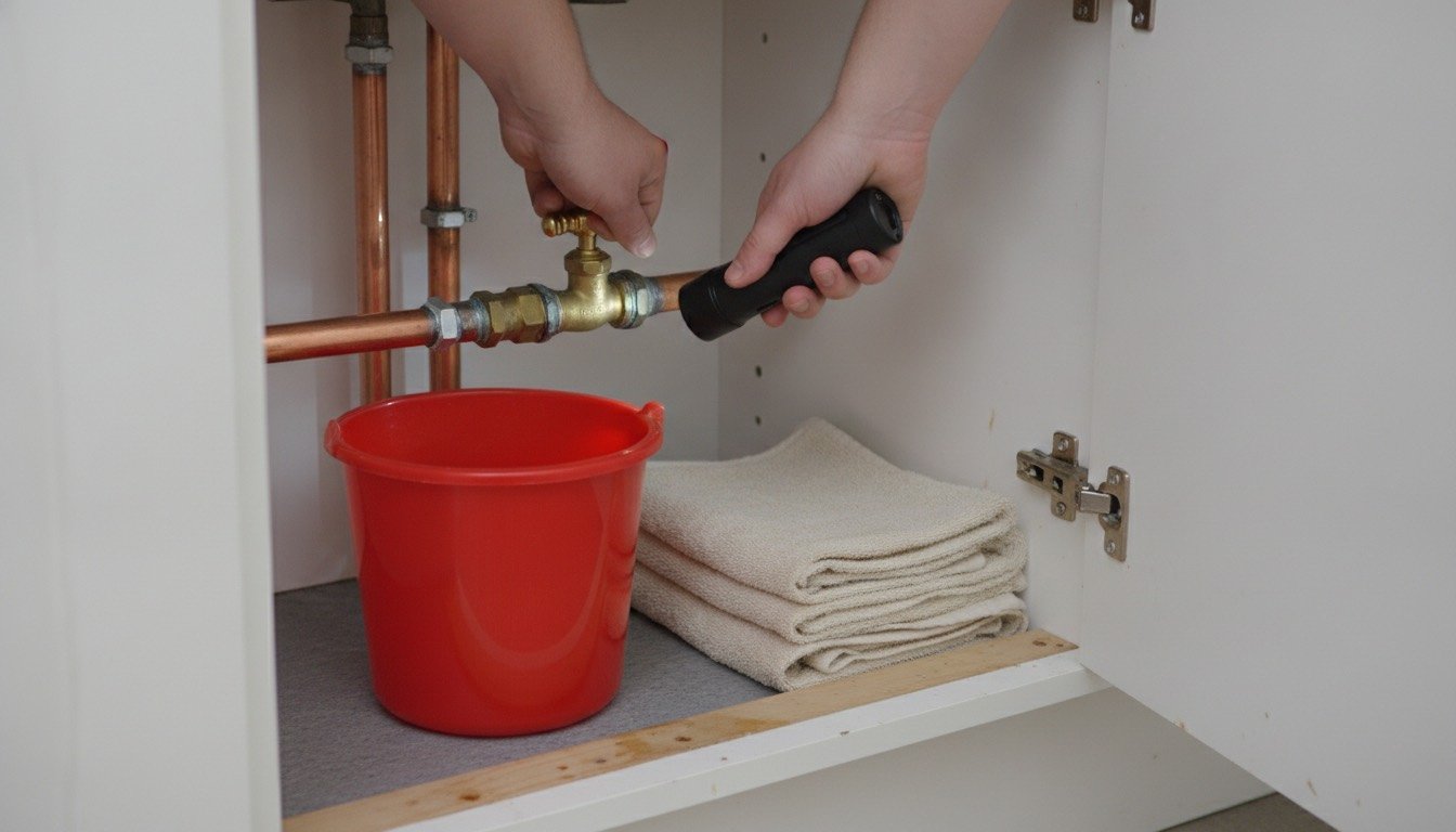 Hands turning a brass internal stopcock closed on a 15mm copper pipe inside a kitchen sink cabinet, with a bucket and towels ready underneath