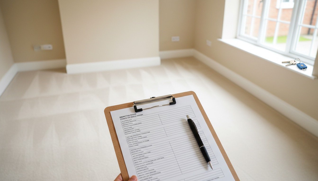 Clipboard with checklist in a spotless empty rental living room