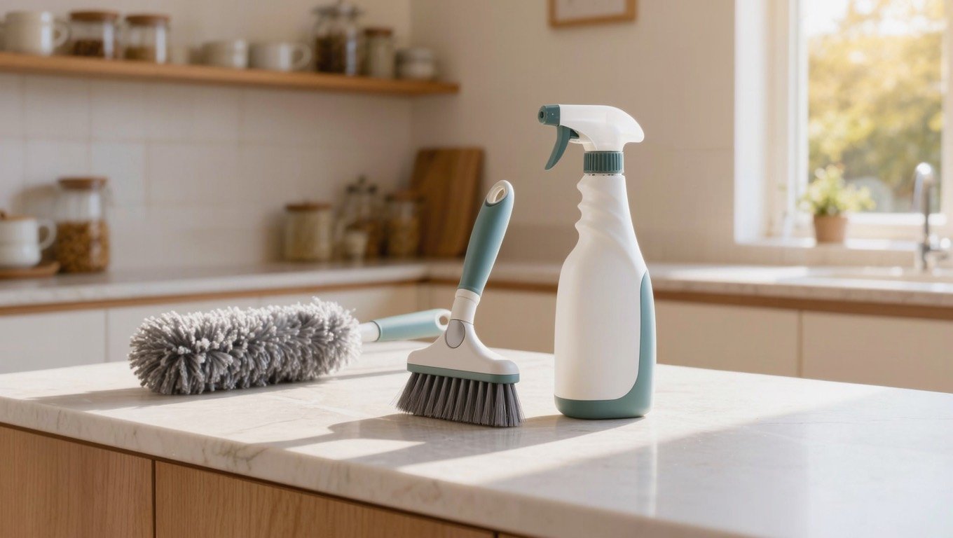 Lightweight cordless vacuum, spin mop with pedal bucket, extendable duster and foam-gripped sprayer arranged in a bright UK hallway