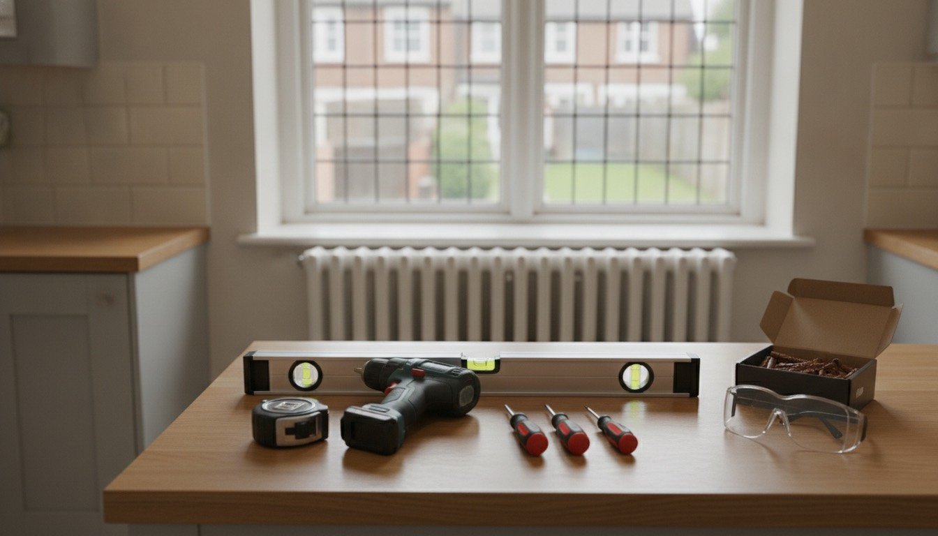A homeowner's tool kit laid out on a kitchen worktop: cordless combi drill, spirit level, tape measure, screwdrivers and wall plugs