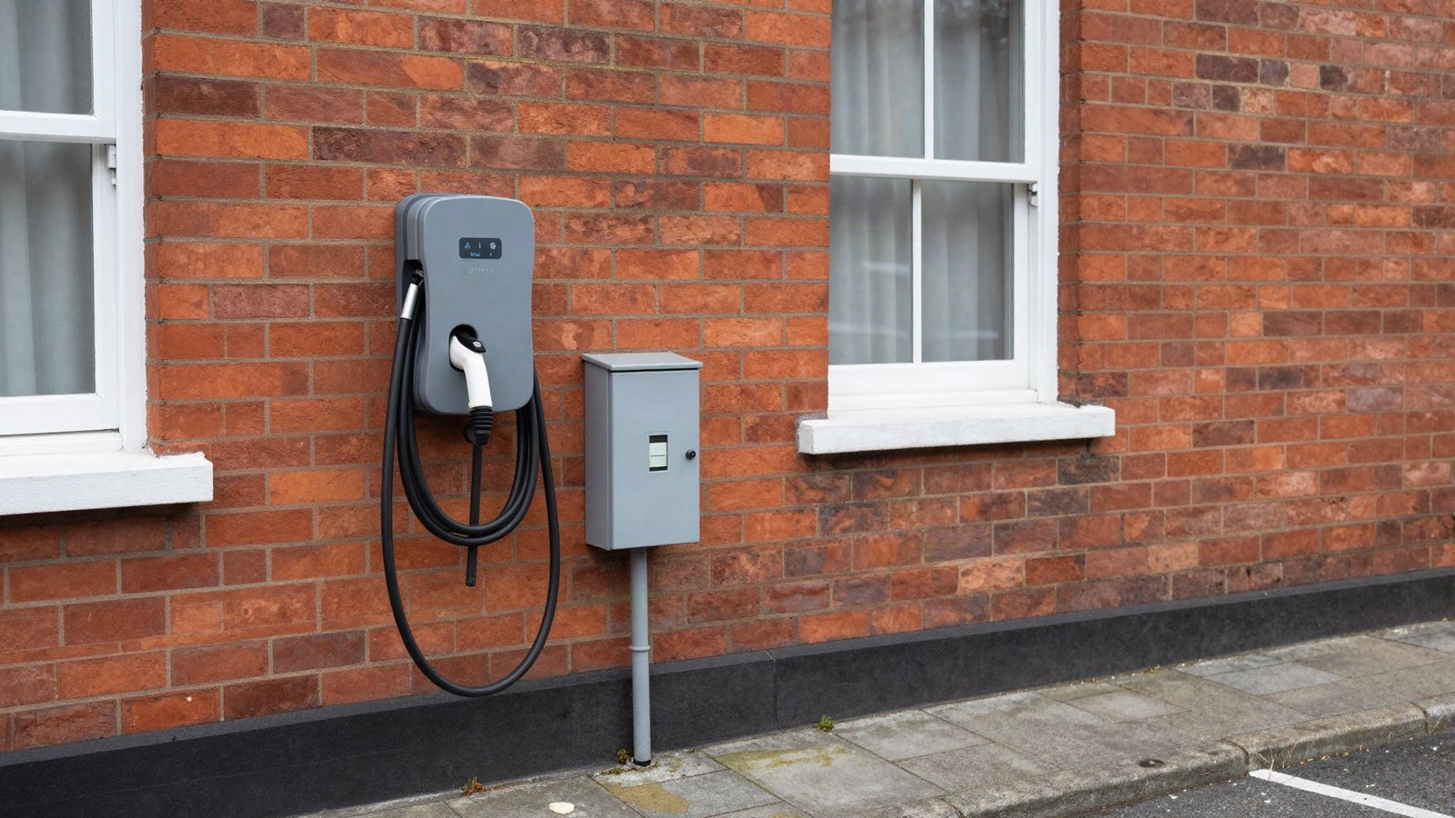 Wall-mounted home EV charging point fixed to the brick rear wall of a period UK house, with coiled cable and isolator switch above a paved parking space