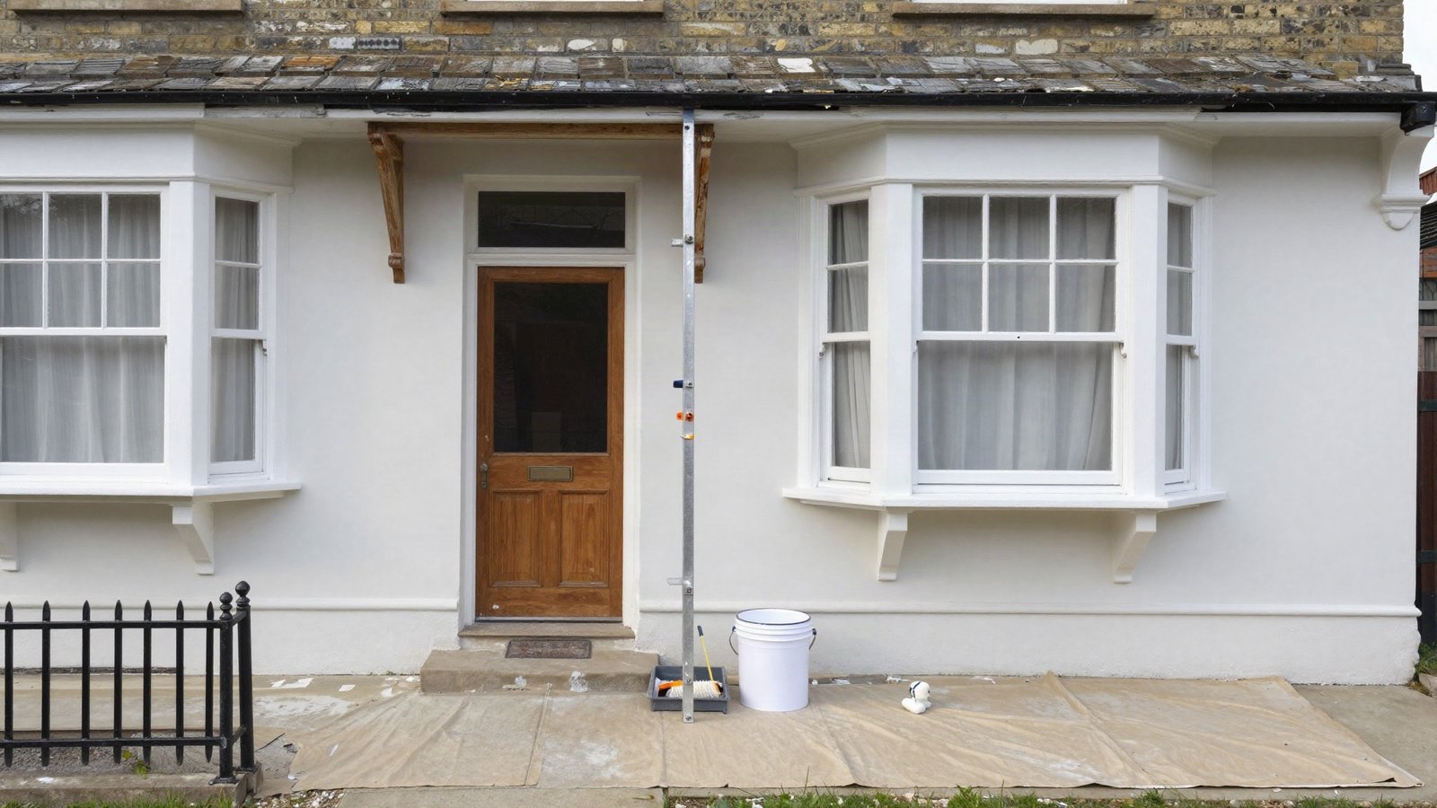 Front elevation of a British terraced house part-way through an exterior repaint, with an aluminium tower, dust sheets and a tin of masonry paint on the doorstep