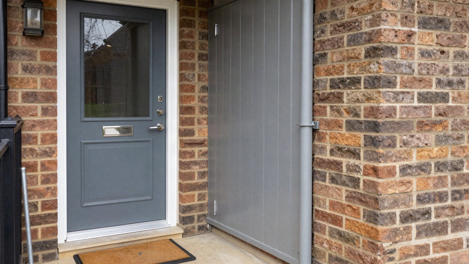 An anthracite grey GRP composite front door beside a powder-coated steel side door in a UK brick porch, both fitted with multipoint locks