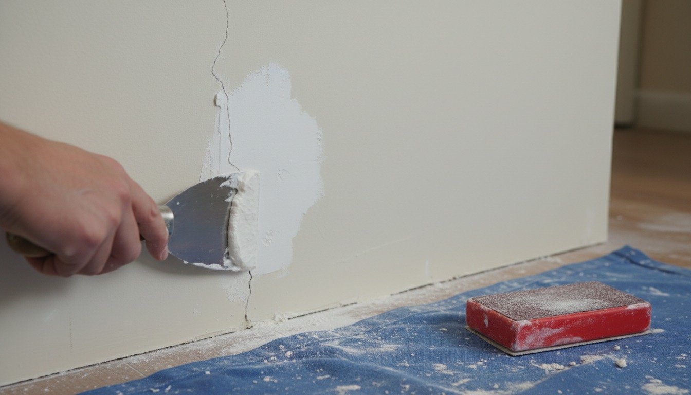 Filling knife smoothing filler over a small crack in a painted wall