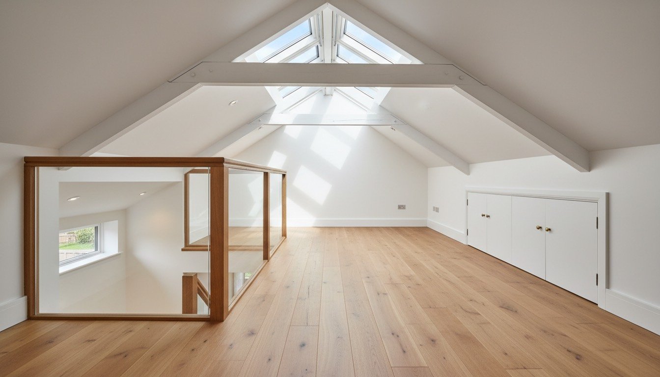 Converted loft room with a rooflight over exposed rafters alongside a converted cellar room with white stud walls and downlights in a Victorian terraced house