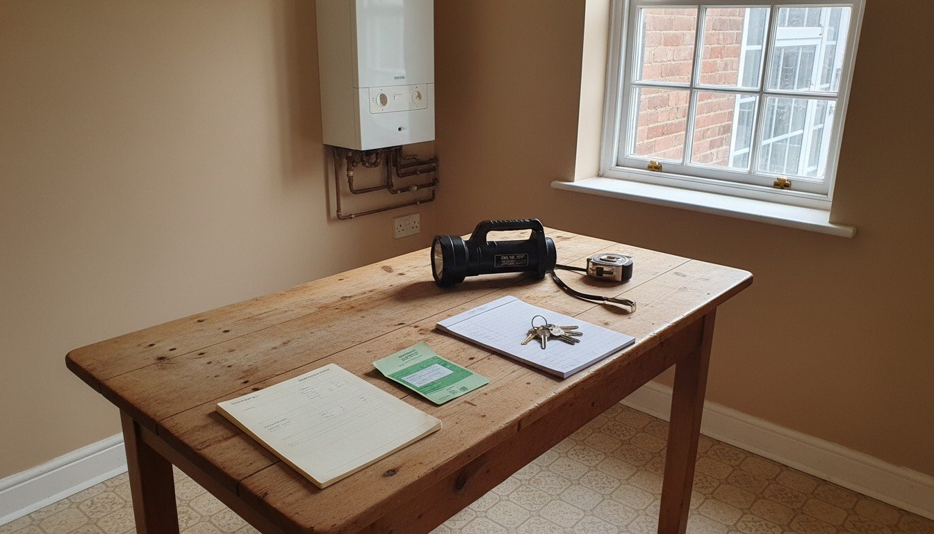 A kitchen table in a UK terraced house covered with a homebuyer survey, a boiler service record, a notepad of costed jobs and a set of new door keys