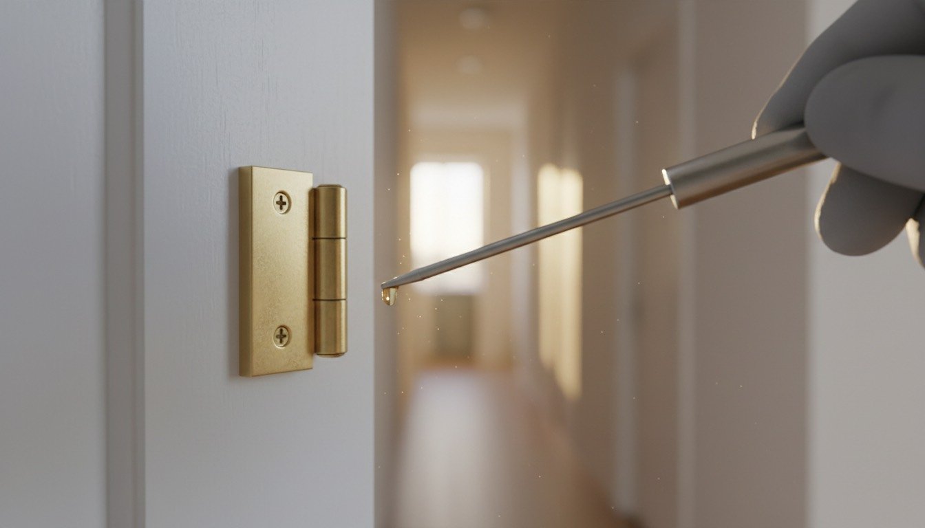 Oiling a brass door hinge with a precision oiler on a white internal door