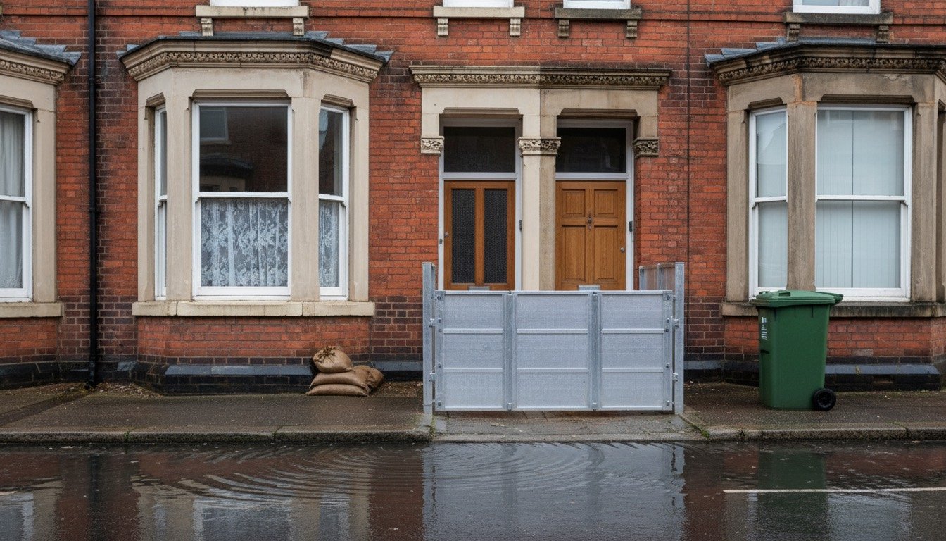 A demountable aluminium flood barrier fitted across the front door of a UK terraced house, with sandbags stacked against the neighbouring property