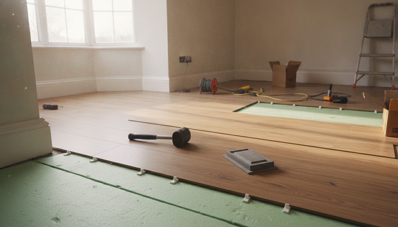 Partially installed oak-effect laminate flooring in a UK living room with spacers, a tapping block and underlay visible