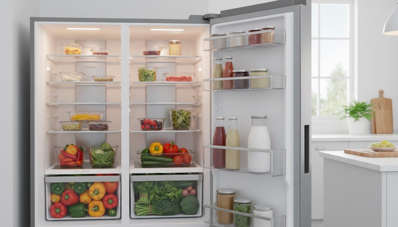 Sparkling organised fridge interior with clear containers and fresh produce