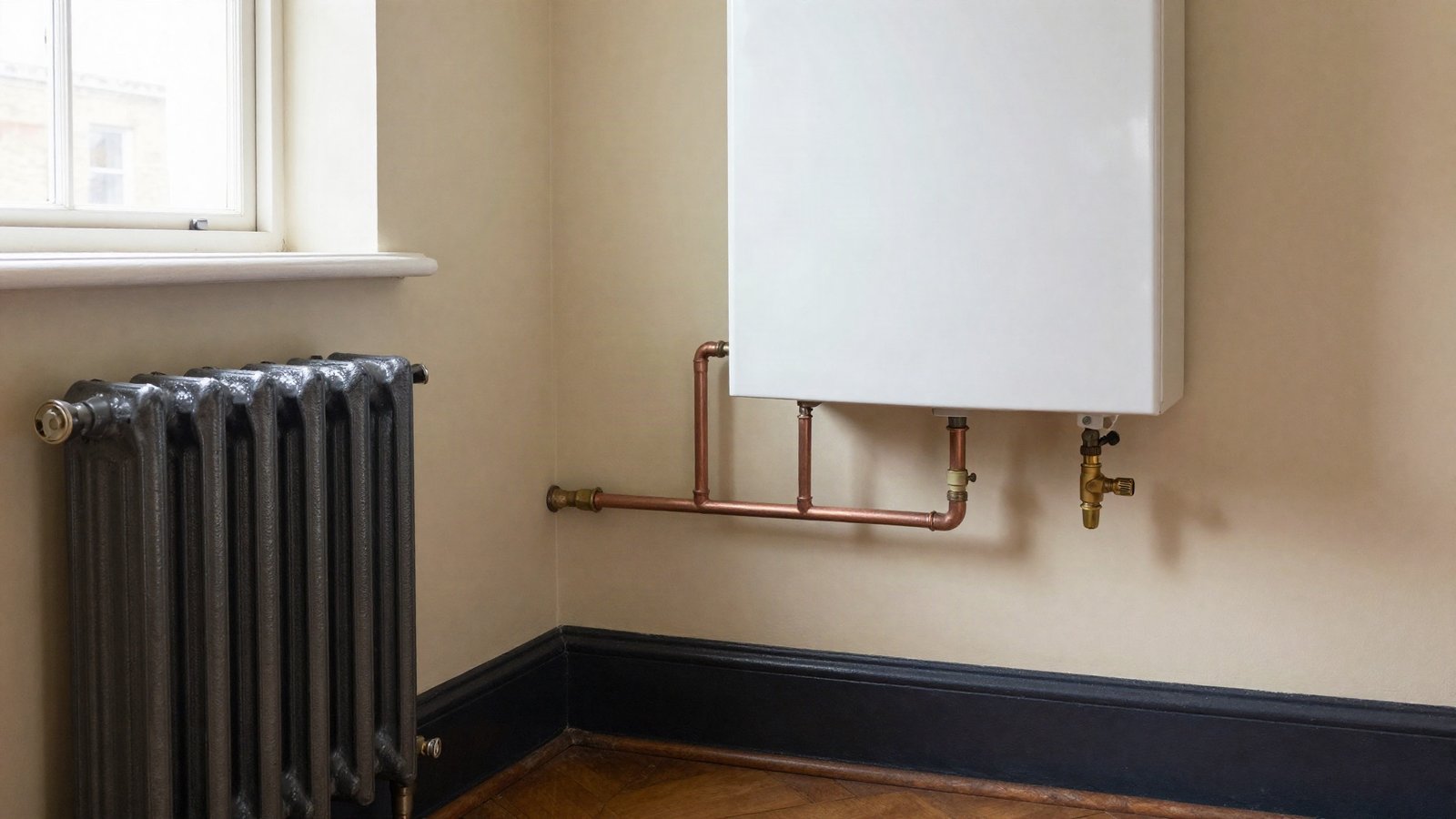Cast iron column radiator and a wall-mounted combi boiler with exposed copper pipework in a Victorian terraced hallway