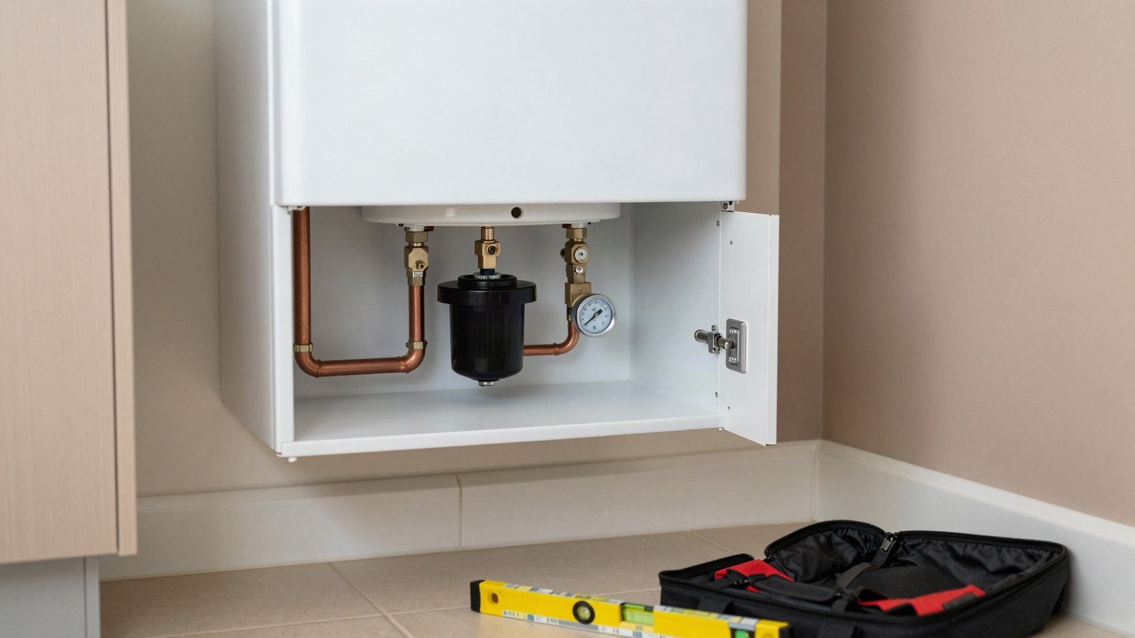 Wall-mounted gas combi boiler with front casing removed, showing copper pipework, magnetic system filter and pressure gauge in a UK kitchen cupboard