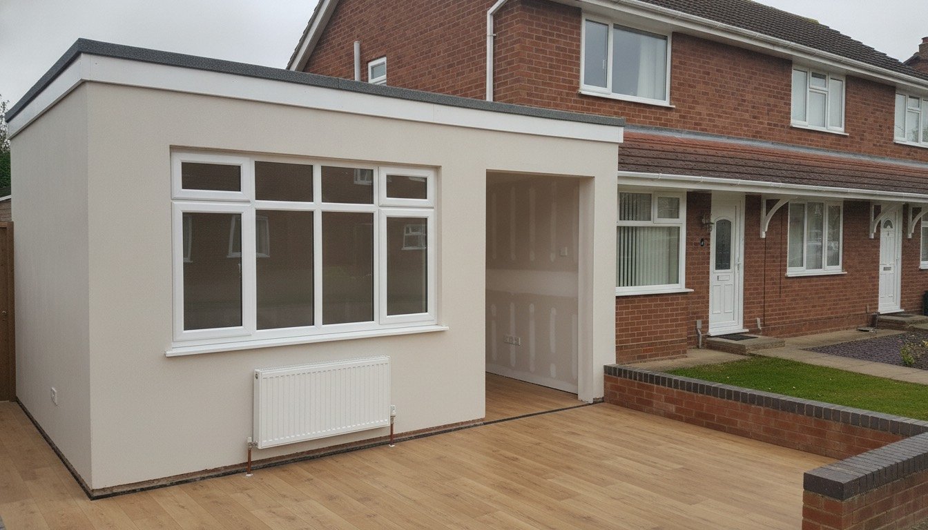 A converted integral garage used as a home office, with a new window where the up-and-over garage door used to be