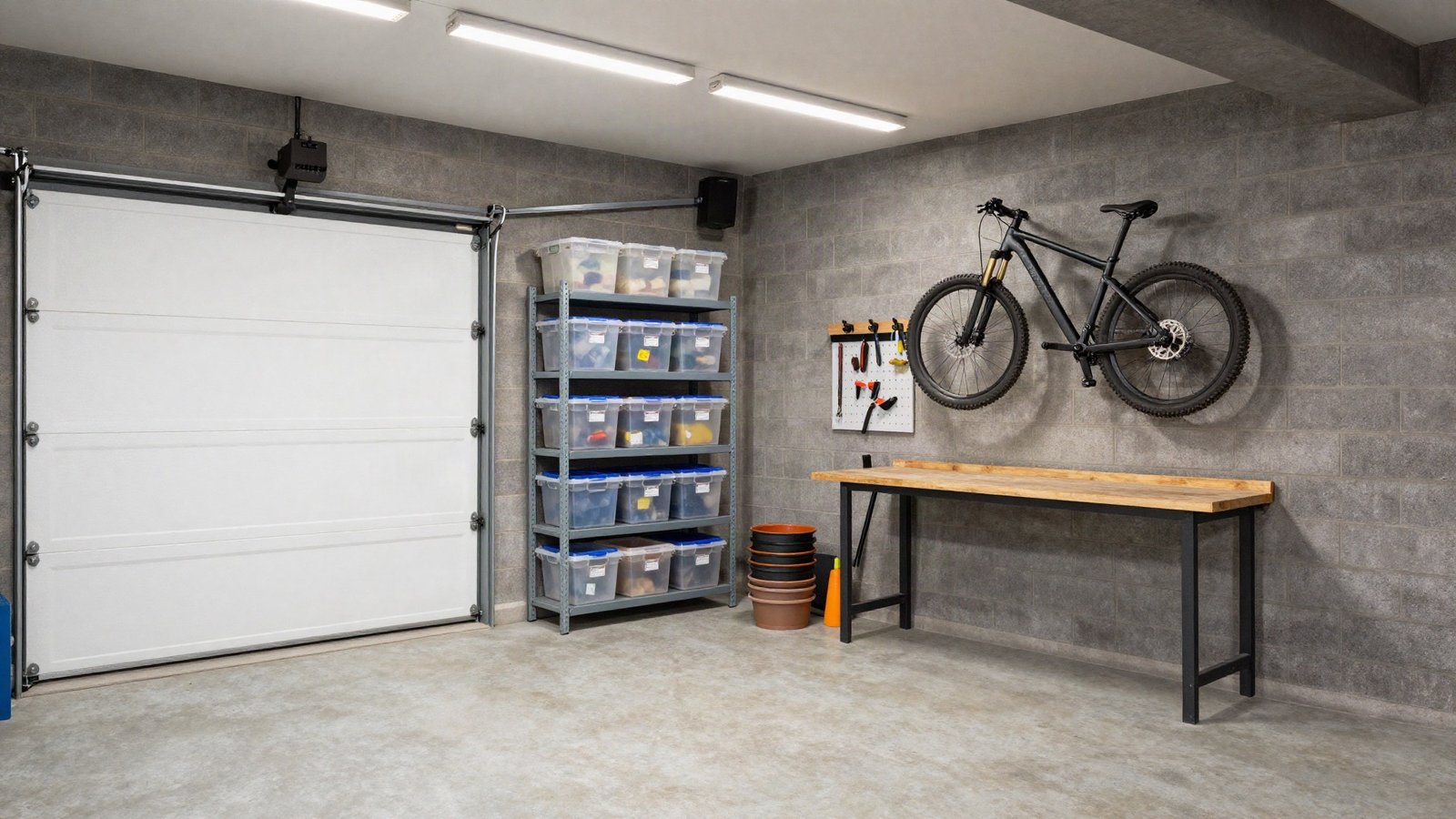 Organised UK single garage with boltless steel shelving, labelled plastic storage boxes, a wall-mounted bike and an LED batten above a bare concrete floor