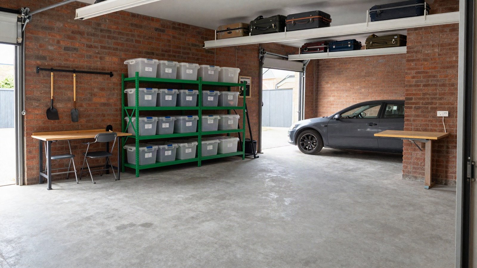 Organised UK single garage with steel boltless shelving along the back wall, a track rail holding garden tools, and lidded plastic storage boxes on an overhead ceiling rack
