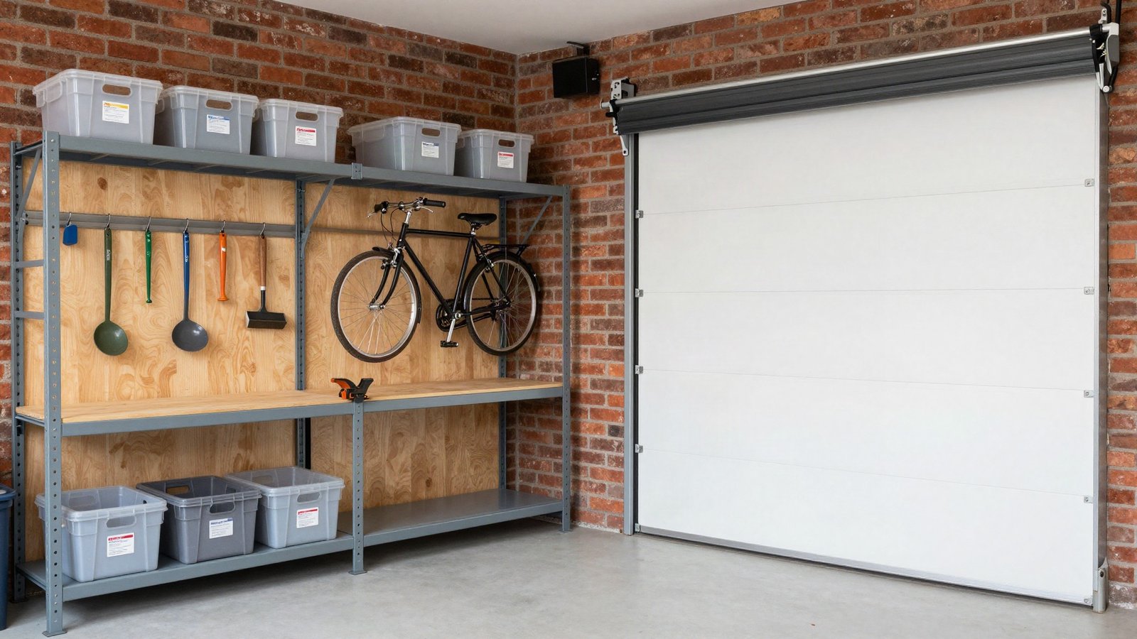 A tidy UK single garage with boltless steel shelving, labelled plastic crates, a wall-mounted bike rack and a workbench under an up-and-over door