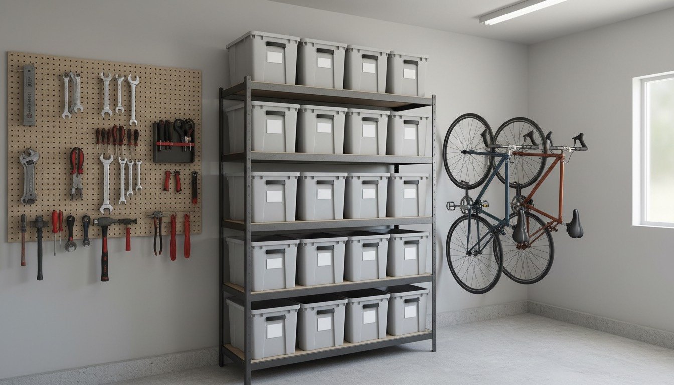 Organised garage wall with pegboard tools, shelving and vertically stored bikes